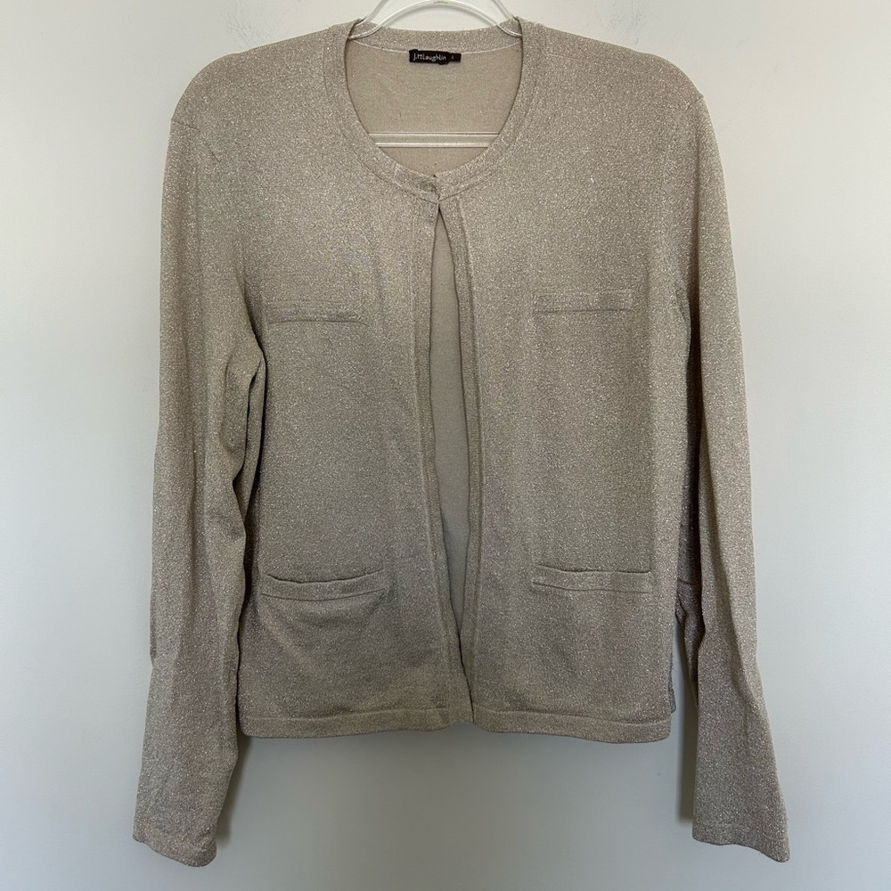J.McLaughlin Sparkle Cardigan Gold Large Metallic Hook Eye Open Front Sweater